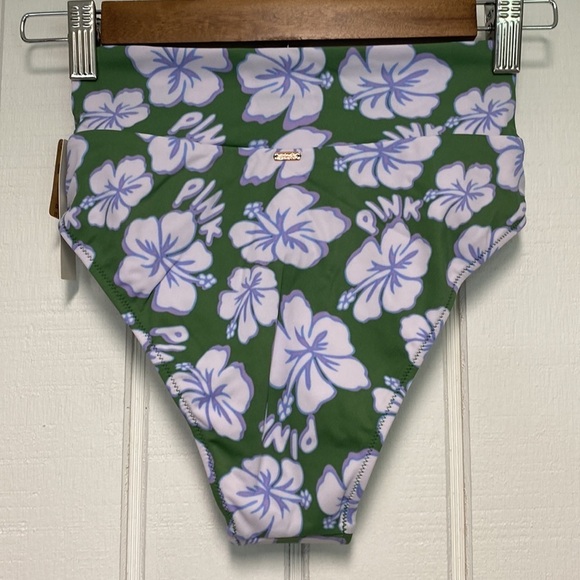 VS Pink V Crossover High-Waist Bikini Bottom Forest Pine Hibiscus - Picture 7 of 12